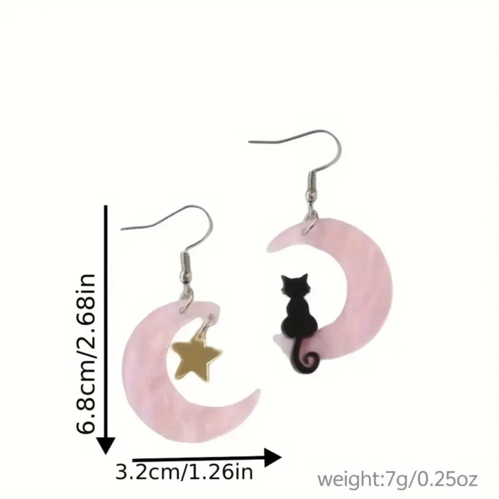 White Moon and Cat Dangle Earrings - Picture 2 of 2